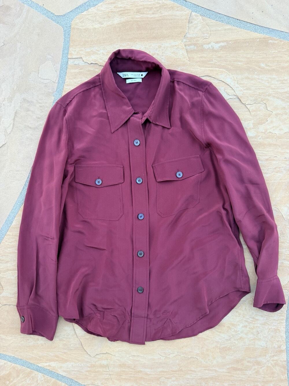 Zara Women's Silk Long Sleeve Button Down Blouse Shirt Top Size M Burgundy RG